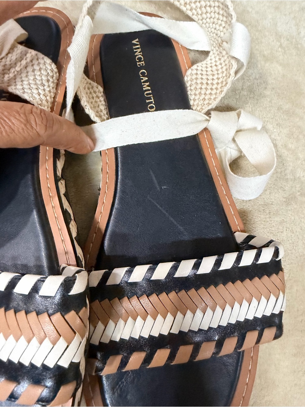 Vince Camuto Women's Black and Tan Braided Strap Sandals with Cream Ankle Ties - Picture 14 of 16
